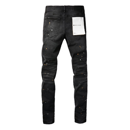 PURPLE  Mens Jeans - Distressed Black Denim with Knee Slit and Ripped Hole 9045