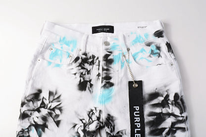 PURPLE  Men Streetwear Denim Shorts White Wash with Blue - Black Ink Floral Print and Raw Hem 5065