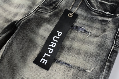 PURPLE  Men Streetwear Denim Shorts Grey Black Wash with Leopard Print Ripped Details and Raw Hem 5068