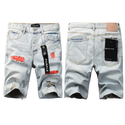 PURPLE  Men Streetwear Denim Shorts Light Blue Wash with Colorful Patched Rips and Raw Hem 5067