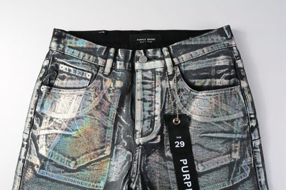 PURPLE  Men Streetwear Denim Shorts Black Wash with Holographic Reflective Finish and Raw Hem 5028