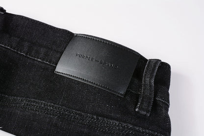 PURPLE   Men Streetwear Skinny Jeans Black Wash with Knee Rips and White Paint Specks 9035