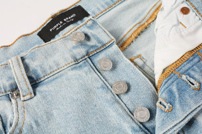 PURPLE   Men Streetwear Denim Shorts Light Blue Wash with White Distressed Patches and Raw Hem 5069