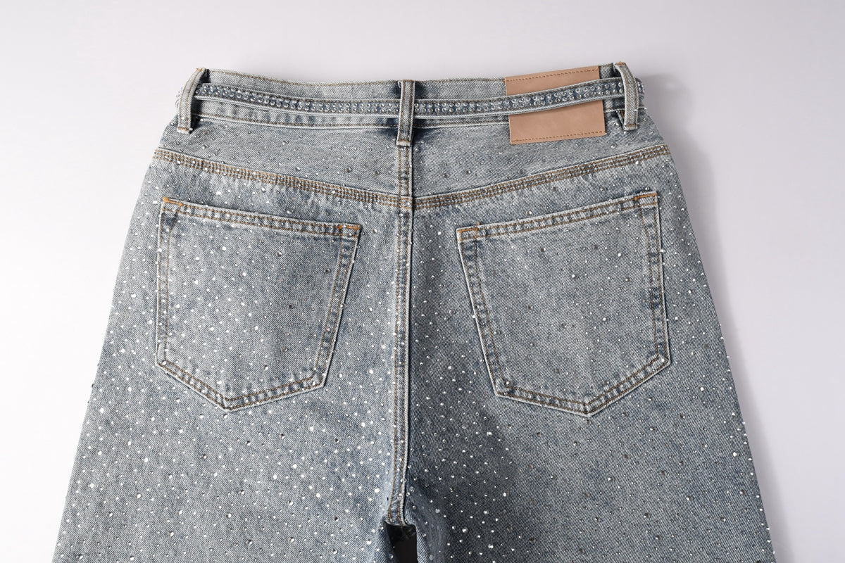 PURPLE   Men Streetwear Straight Denim Shorts Grey Wash with Rhinestone Speckles and Seam Accents 5096
