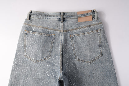 PURPLE   Men Streetwear Straight Denim Shorts Grey Wash with Rhinestone Speckles and Seam Accents 5096