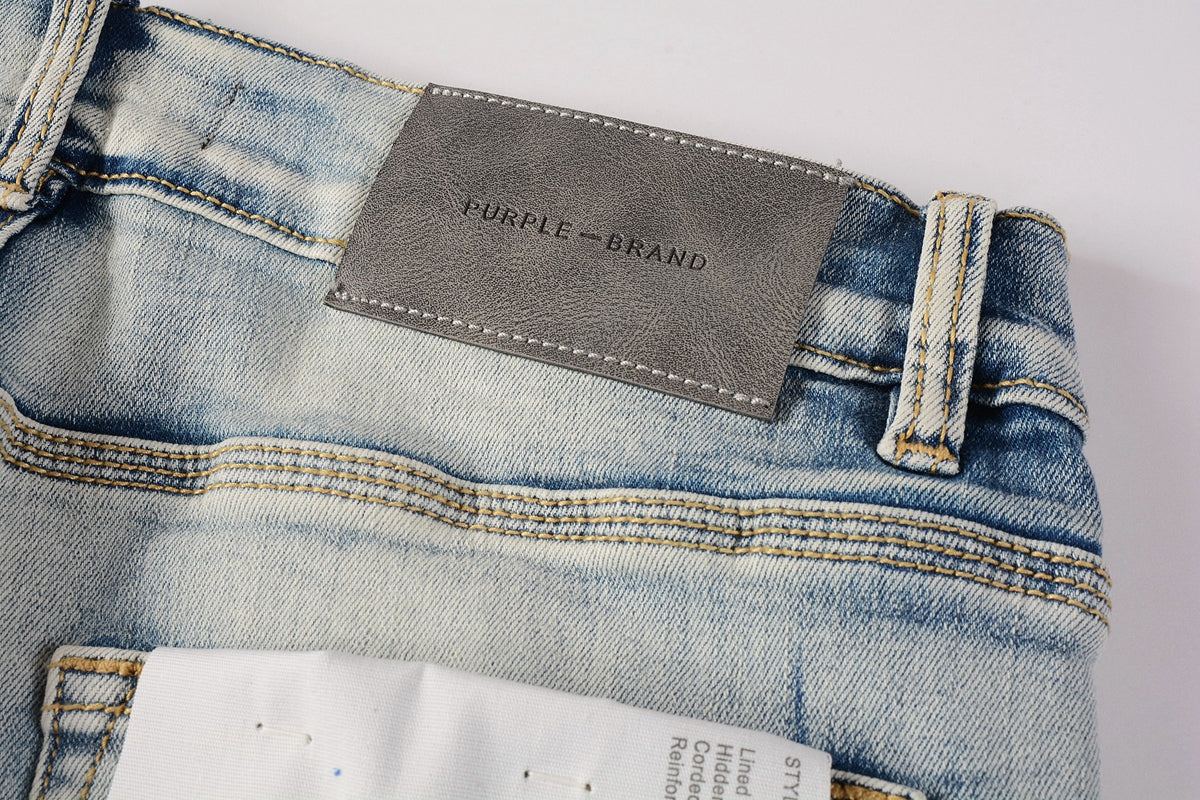 PURPLE  Men Streetwear Skinny Jeans Light Blue Wash with Heavy Distressed Rips 9050