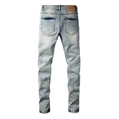 PURPLE  Men Streetwear Skinny Jeans Light Blue with Rhinestone Studs and Distressed Details PU9119
