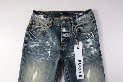 PURPLE  Men Streetwear Skinny Jeans Light Blue Wash with White Paint Brush Strokes 9060
