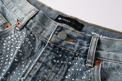 PURPLE  Men Streetwear Cargo Denim Shorts Light Blue Wash with Rhinestone Embellishment and Distressed Details 5097