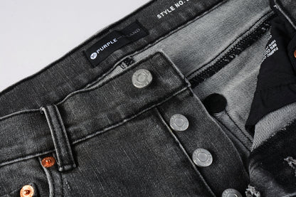 PURPLE  Men Streetwear Skinny Jeans Dark Gray Wash with White Marbled Texture 9056