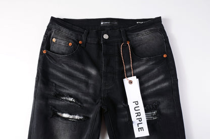PURPLE  Men Streetwear Skinny Jeans Black Wash with Distressed Rips, Checkered Patches and White Paint Splatter 9001