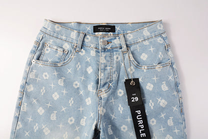 PURPLE  Men Streetwear Denim Shorts Light Blue Wash with White Geometric Print and Raw Hem 5089