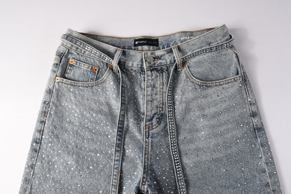 PURPLE   Men Streetwear Straight Denim Shorts Grey Wash with Rhinestone Speckles and Seam Accents 5096