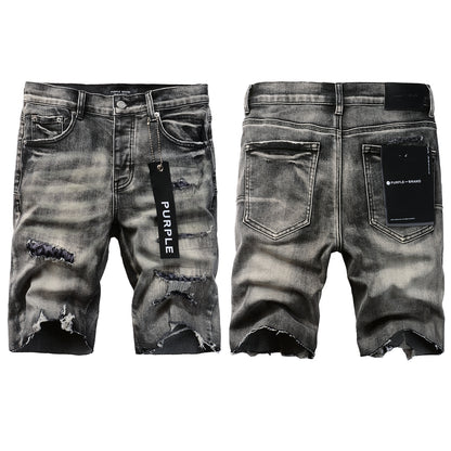 PURPLE  Men Streetwear Denim Shorts Grey Black Wash with Leopard Print Ripped Details and Raw Hem 5068