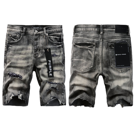 PURPLE  Men Streetwear Denim Shorts Grey Black Wash with Leopard Print Ripped Details and Raw Hem 5068