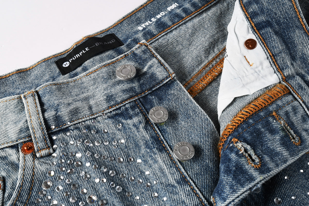 PURPLE  Men Streetwear Cargo Denim Shorts Light Blue Wash with Rhinestone Embellishment and Distressed Details 5097