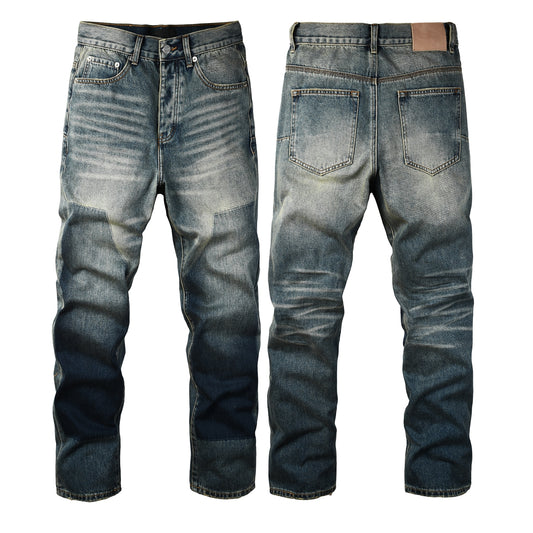 PURPLE  Men Vintage Streetwear Straight Jeans Blue Washed with Whisker Fade and Contrast Panels PU9120