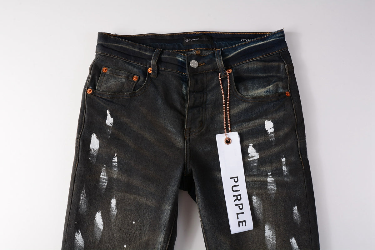 PURPLE  Men Streetwear Skinny Jeans Dark Gray Wash with White Paint Splatter and Brush Strokes 9036