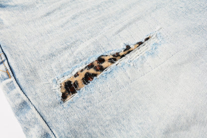 PURPLE Men Streetwear Denim Shorts Light Blue Wash with Leopard Print Patched Rips 5087