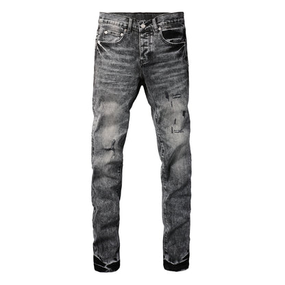 PURPLE  Men Distressed Grey Washed skinny Jeans Ripped Scratch style 9105