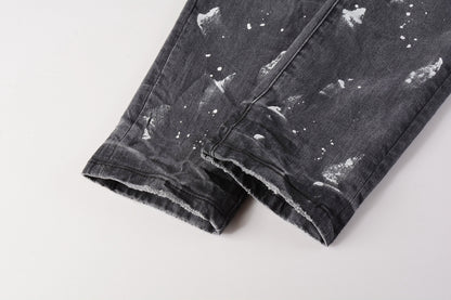 PURPLE  Men Streetwear Skinny Jeans Dark Gray Wash with Knee Rips and White Paint Splatter 9039