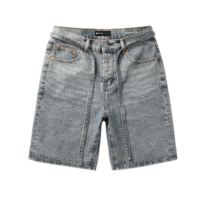 PURPLE   Men Streetwear Straight Denim Shorts Grey Wash with Rhinestone Speckles and Seam Accents 5096