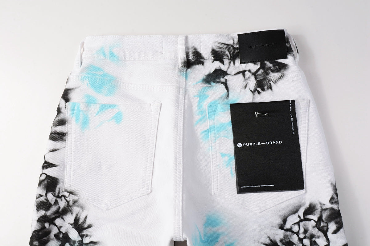 PURPLE  Men Streetwear Denim Shorts White Wash with Blue - Black Ink Floral Print and Raw Hem 5065
