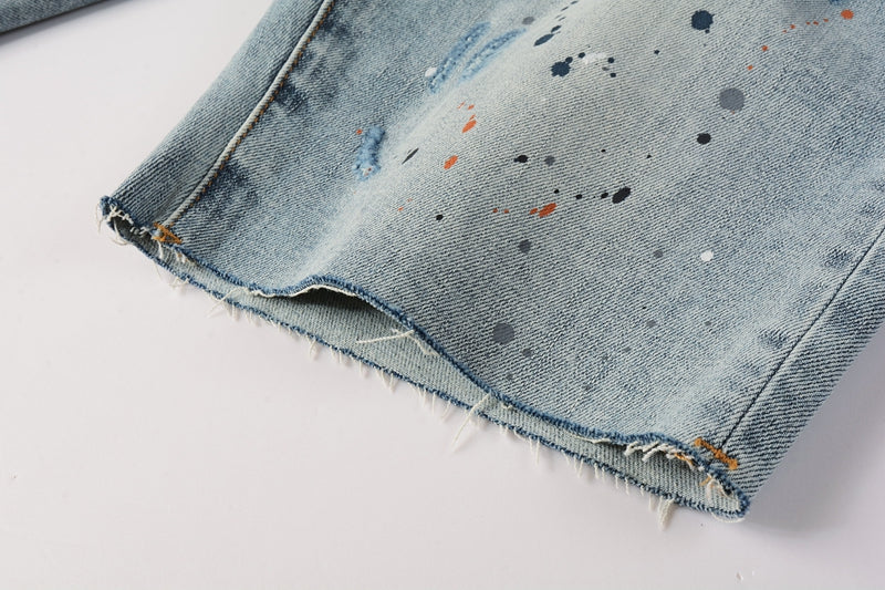 PURPLE  Men Streetwear Denim Shorts Light Blue Wash with Colorful Paint Splashes and Distressed Raw Hem 5071
