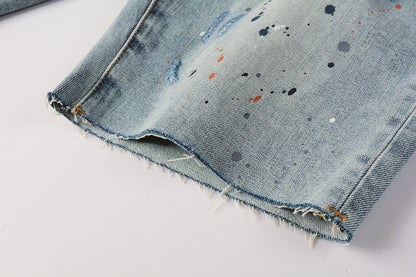 PURPLE  Men Streetwear Denim Shorts Light Blue Wash with Colorful Paint Splashes and Distressed Raw Hem 5071