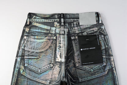 PURPLE  Men Streetwear Denim Shorts Black Wash with Holographic Reflective Finish and Raw Hem 5028