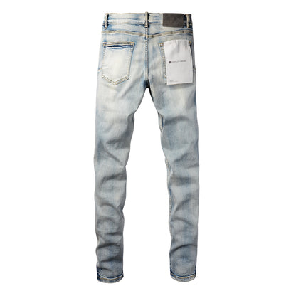 PURPLE  Men Streetwear Skinny Jeans Light Blue Wash with Heavy Distressed Rips 9050
