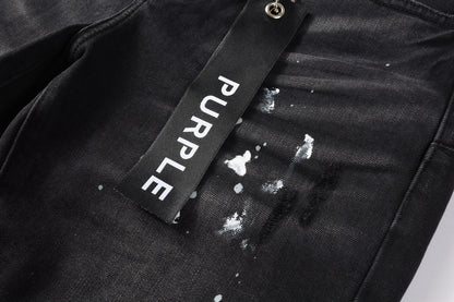 PURPLE  Men Streetwear Denim Shorts Black Wash with White Paint Splashes and Raw Hem 5002