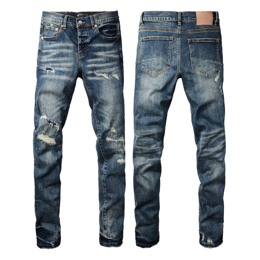 PURPLE  Men Classic Streetwear Jeans Distressed Dark Blue Ripped skinny 9096