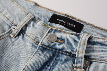 PURPLE  Men Streetwear Denim Shorts Light Blue Wash with Distressed Rips and Raw Hem 5088