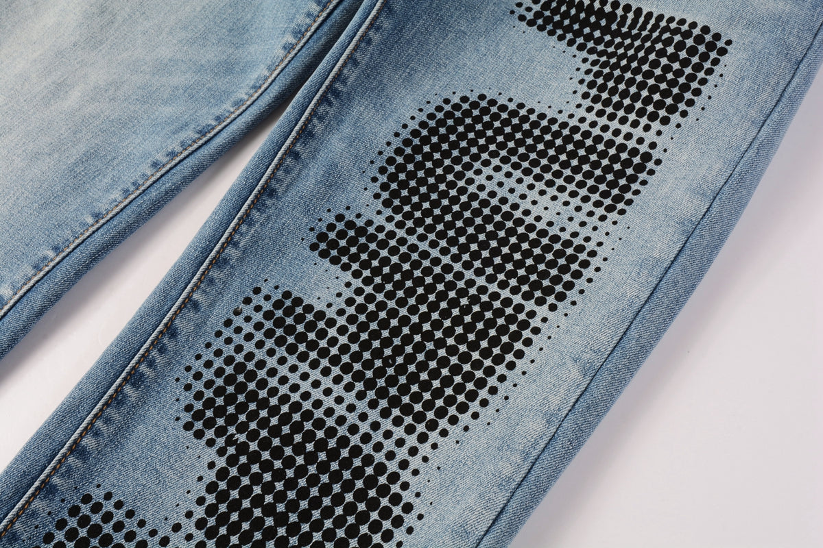 PURPLE  Men Streetwear Skinny Jeans Light Blue Wash with Black Pixelated Pattern Print 9052
