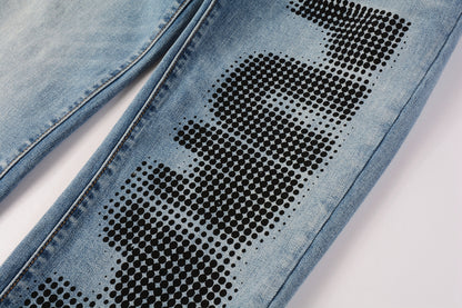 PURPLE  Men Streetwear Skinny Jeans Light Blue Wash with Black Pixelated Pattern Print 9052