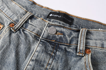 PURPLE  Men Streetwear Light Blue Denim Shorts with Radial White Rhinestone Designs 5093