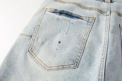 PURPLE  Men Streetwear Denim Shorts Light Blue Wash with White Paint Splatters and Distressed Raw Hem 5006