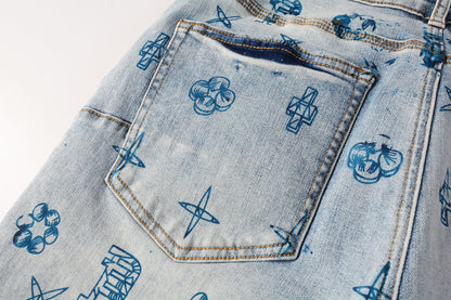 PURPLE  Men Streetwear Denim Shorts Light Blue Wash with Blue Graphic Print and Raw Hem 5063