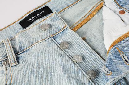 PURPLE  Men Streetwear Denim Shorts Light Blue Wash with Colorful Patched Rips and Raw Hem 5067