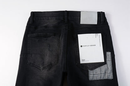 PURPLE  Men Streetwear Skinny Jeans Black Wash with Distressed Rips, Checkered Patches and White Paint Splatter 9001