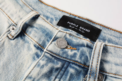 PURPLE Men Streetwear Denim Shorts Light Blue Wash with Leopard Print Patched Rips 5087