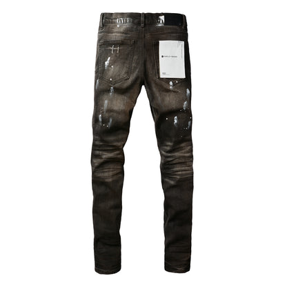 PURPLE  Men Streetwear Skinny Jeans Dark Gray Wash with White Paint Splatter and Distressed Rips 9030