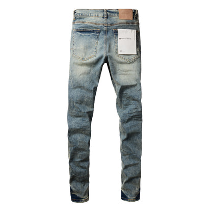 PURPLE  Men Streetwear Skinny Jeans Light Blue Wash with Patchwork Distressed Details 9015