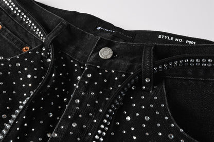 PURPLE  Men Streetwear Black Denim Shorts with Allover Rhinestone Studs and Zipper Details 5095