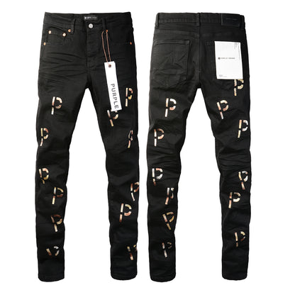 PURPLE  Men Streetwear Skinny Jeans Black Wash with All-Over Metallic Gold "P" Print 9008