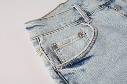 PURPLE  Men Streetwear Denim Shorts Light Blue Wash with Distressed Rips and Raw Hem 5088
