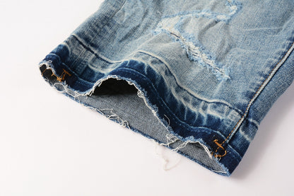 PURPLE  Men Streetwear Denim Shorts Light Blue Wash with Distressed Rips and Contrast Blue Hem 5013