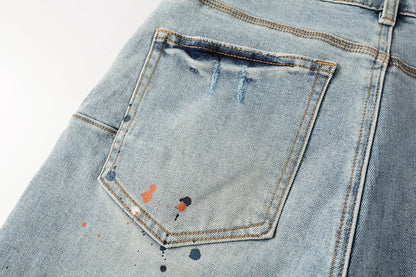 PURPLE  Men Streetwear Denim Shorts Light Blue Wash with Colorful Paint Splashes and Distressed Raw Hem 5071