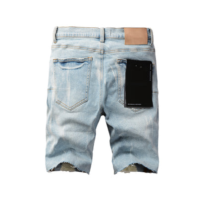 PURPLE   Men Streetwear Denim Shorts Light Blue Wash with White Distressed Patches and Raw Hem 5069